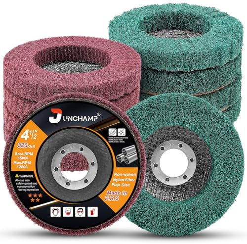 Junchamp 10Pcs 180 & 320 Grit Scour Flap Disc 4 1/2 Inch Angle Grinder Attachment for Metal Wood Scuff Grinding Sanding Discs Scouring Pad Polishing Wheel Paint Rust Remover