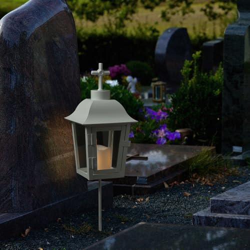 Grablaterne mit Mini LED Kerze Grablicht mit 2 wechselbarer Spitzen (kugel, Kreuz) und Erdspieß Grableuchte Grablampe Friedhofslaterne Gartenlaterne weiß (Laterne mit Kerze/Typ5)
