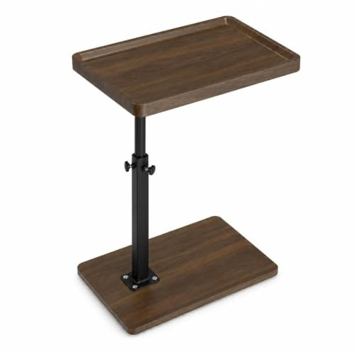 C Shaped Side Table, Height Adjustable 45-80cm Sofa Table with 360 Swivel | 45-80cm height adjustable, 360 swivel with lock, 3cm thick top with tray edge, MDF top & steel frame, 40x30cm, walnut color