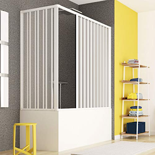 Yellowshop - Box Vasca 2 Ante in PVC ILARY, Apertura Angolare a Soffietto, Reversibile, Struttura Bianca Pannelli Semi-Trasparenti, Facile Installazione, Sopravasca, Vasca da Bagno (70 x 170 cm)