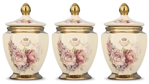fanquare 3 Stück Gold Keramik Tee Kaffee Zucker Vorratsdosen Set, Retro Blumen Aufbewahrungsgläser mit Deckeln, luftdichte Lebensmittelaufbewahrungsgläser für Zuhause Küche Geschenke