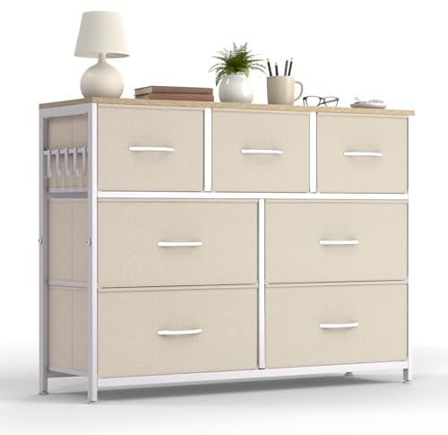 HOKEEPER Kommode 7 Schubladen Stoffbezug | Stoffschubladen, Holz, mit Schubladen, für Küche, für Schlafzimmer, für Flur, Beige, weiche Stoffschubladen