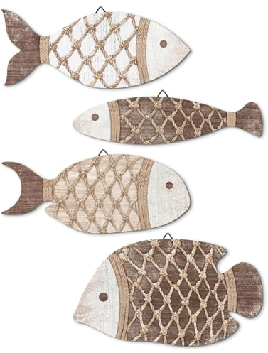 Putuo Decor 4er Set Wanddeko Fische Holzoptik mit Netzstruktur, maritime Küstenstil Dekoration für Bad Gäste WC Küche Flur, Meer Wandfiguren beige braun
