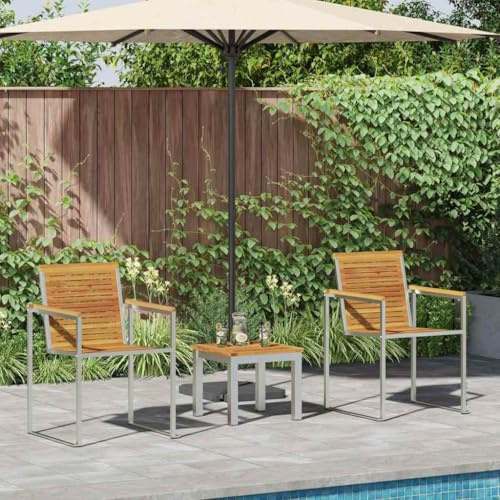 Keeushr Sonnenliege 3 Stück Braun Massivholz Akazie Gartenmöbel Set mit 1 Liege und 2 Stühlen für Terrasse Außenbereich Wetterfeste Lounge Möbel