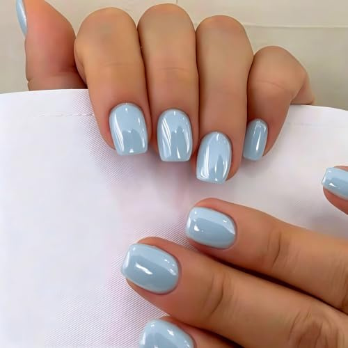 SXVME Chrome Press On Nails Short Square, 30 Pcs Glazed Baby Blue False Nails Short with Mirror Finish, Sparkly Bling Fake Nails Press on, Soft Gel Stick on Nail for Women Cute Manicure
