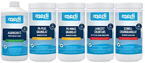 Medipool MEGA Spar-Pack 5,5 kg Poolpflege Set Chlor für kleine + große Schwimmbecken Chlorgranulat, Langzeit-Chlotabletten, Algenschutz, pH-Plus Granulat und pH-Minus Granulat
