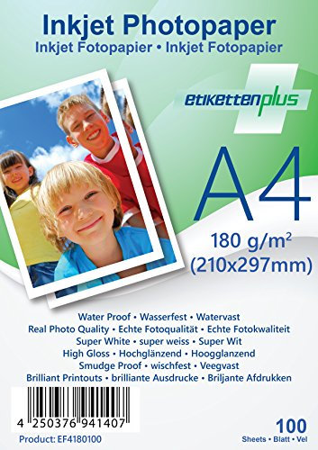 EtikettenPlus Ltd Fotopapier, 100 Blatt, EF4180100, A4 (210x297 mm) 180g/qm glänzend (glossy), wasserfest, sofort wischfest für alle Tinten- und Fotodrucker