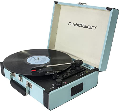 MADISON - Mallette Tourne-disques MAD-RETROCASE-BLU Bluetooth USB SD Fonction d'enregistrement - Bleue