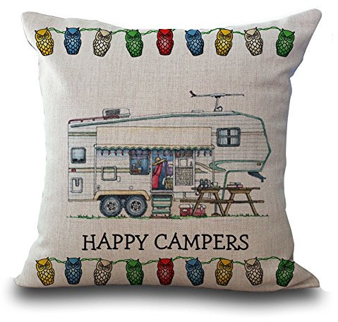 Hengjiang Baumwollleinen-Kissenbezug, 45 cm x 45 cm, mit Cartoon-Wohnwagen-Motiv und Aufschrift „Happy Campers“ (in engl. Sprache), Kissenhülle für Sofa-/Dekorkissen 02