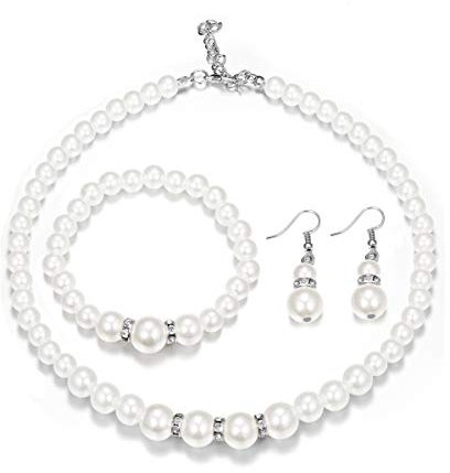 Finrezio Weiße Perlen Halskette Armband Ohrringe Schmuck-Sets für Damen Frauen ModeSchmuck Hochzeit Party Schmuck Geschenke