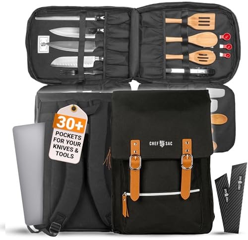 Chef Sac Vintage-Rucksack, 30+ Taschen für Messer und Kochutensilien, Messer-Tragetasche mit versteckter Rückentasche für Tablet, stabile Messertasche für Köche und kulinarische Studenten, Schwarz