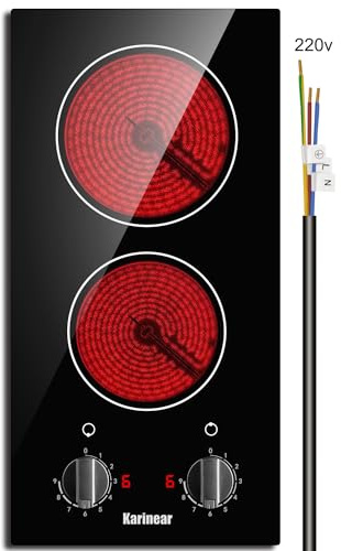Karinear 2 Burner Electric Cooktop 12 Inch Built-in Electric Stove Top, 220v- 240v Radiant Cooktop with Residual Heat Indicator, Knob Control, Over-Temperature Protection, Hard Wire(No Plug)
