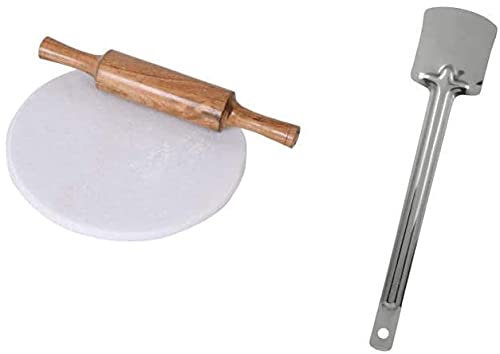Will and Weaves White Marble Chakla with Wooden Belan and Steel Spatula Marble Chakla Wood Belan Steel Turner Set Rolling Pin with Bread Board Turner Marble Roller Board with Rolling Pin