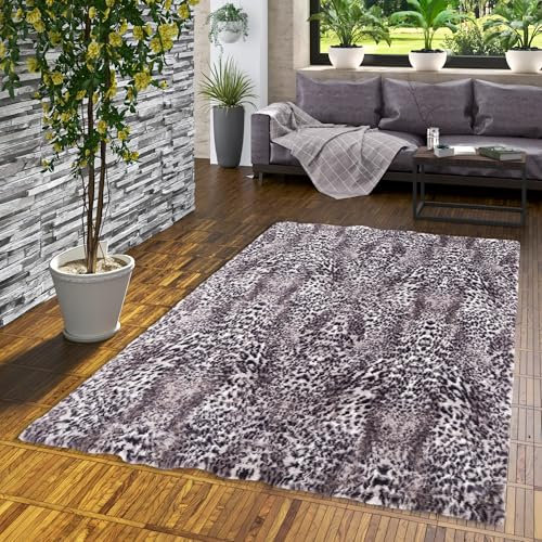 Kunstfaser Teppich Wohnzimmer Luxus Super Soft Fellteppich Pearl Leopard Schwarz Weiss in 5 Größen