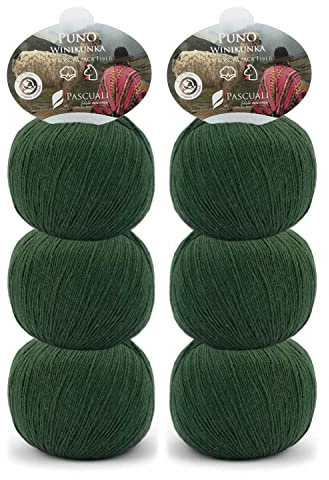 6 x 50g Pascuali Puno Winikunka. Strickwolle aus 70% Baumwolle (Bio), 30% Alpakawolle, Alpaca Wolle zum Stricken und Häkeln, Farbe:Moos 62