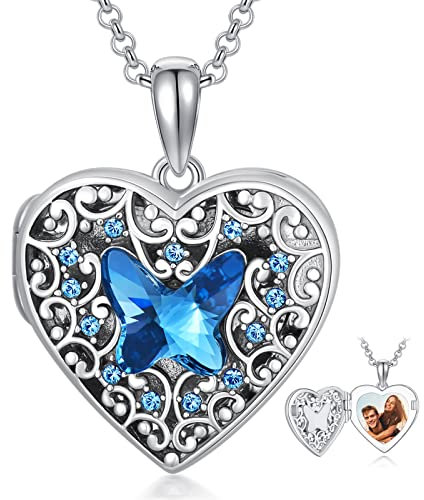 Dorunmo Silber Medaillon Kette mit Herz und Schmetterling - Öffnen für Fotos - Schmuck Geschenke für Damen, Freundin, Mutter