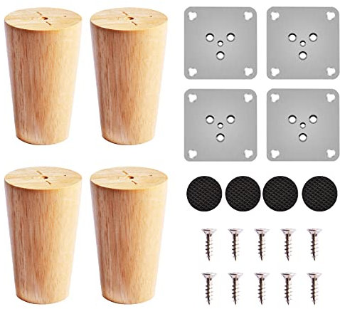 4pcs Patas de Muebles Madera, 8cm Patas Sofá Madera Maciza de Repuesto, Cono Recto Patas Cónicas con 4 Almohadillas Fieltro,Placas Montaje y Tornillos para Cama Tocador Mesa Sofá