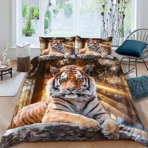 XIWEIER Parure de Lit 3 Pièces Tigre Animal de la forêt Housse de Couette 140x200 Enfant 1 Personne 3D Motif avec Fermeture Éclair Hypoallergique Microfibre avec 2 Taies d'oreiller 50x75 cm