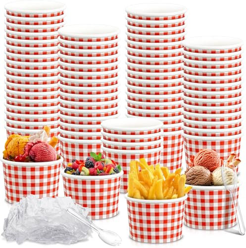 Tessco for you 100 Pack Red and White Gingham Ice Cream Cups with Plastic Spoons 12 oz Disposable Checkered Paper Snack Soup Bowls Bulk Plaid Dessert Cups for Hot Cold Food(Red)