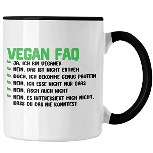 Trendation - Veganer Tasse Geschenk FAQ Vegan Geschenkidee Lustiger Spruch Vegane Lebensweise (Schwarz)