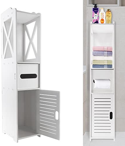 ANSIMIDA Bathroom Floor Cabinet Free Standing slim bathroom cabinet with Paper Towel Drawer and Cupboard Storage Organizer, Home Furniture Bedroom Storage Cabinet, White 18x20x80cm