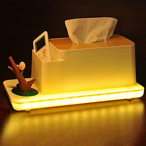 Collic Tissue Holders,Wooden Tissue Cover Holder with 3 Level Night Light USB Charger Adjustable Lamp Small Space for Jewellery Storage Box Container for Bedroom