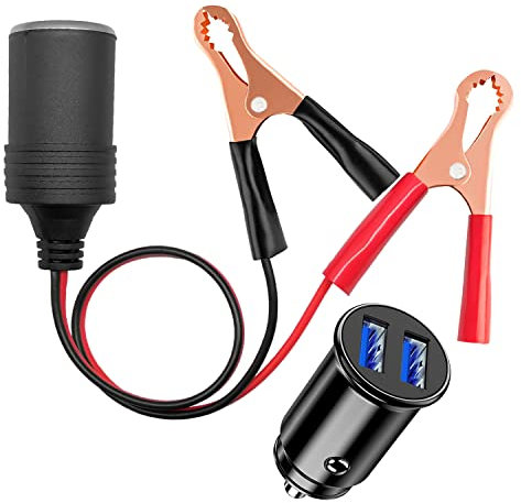 Hoembpn Clip per Batteria Auto a 12V Adattatore per Presa Accendisigari Cavo di Prolunga 18AWG con Clip a Coccodrillo, 12V / 24V Mini Accendisigari Presa Doppia Porta USB Caricabatteria da Auto