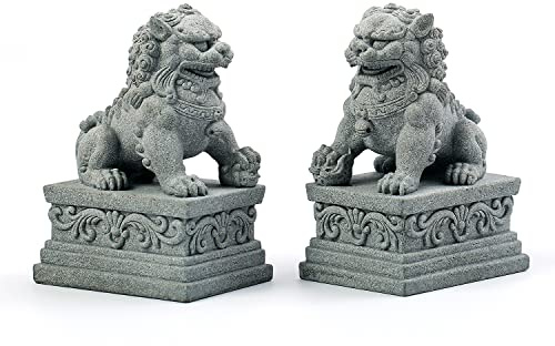 FOO Dogs Statuen Paar Guardian Lion Statuen Fu FOO Hunde Stein Statuen Chinesische Feng Shui Dekor Einweihungsfeier Glückwunsch zur Abwehr von bösen Energien (L)