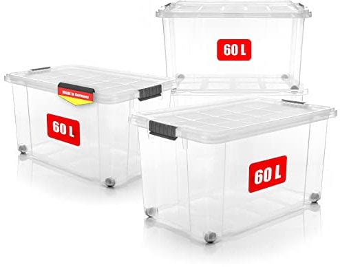 BigDean 4 Stück 60 L Aufbewahrungsbox mit Deckel groß transparent - stapelbare robuste Box BPA-frei - rollbare Stapelbox mit festen Klickverschlüssen - Made in Germany