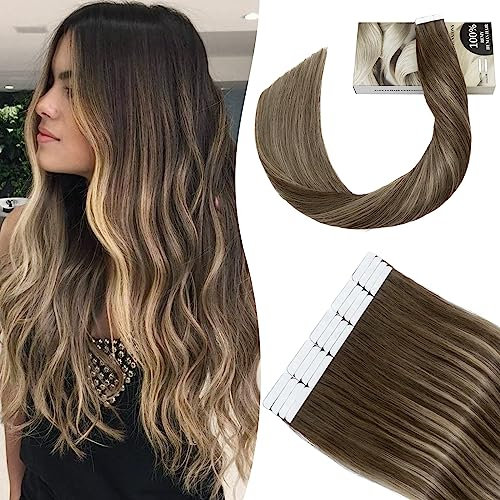 SEGO Tape in Extensions Echthaar Skin Weft 50 g 20 Stücke Ombre Haarteil Haarverlängerung Human Hair 100% REMY Haar Weft 2.5g/Pcs 14(35cm)-50g #4/27/4 Balayage Mittel Braun bis Dunkelblond