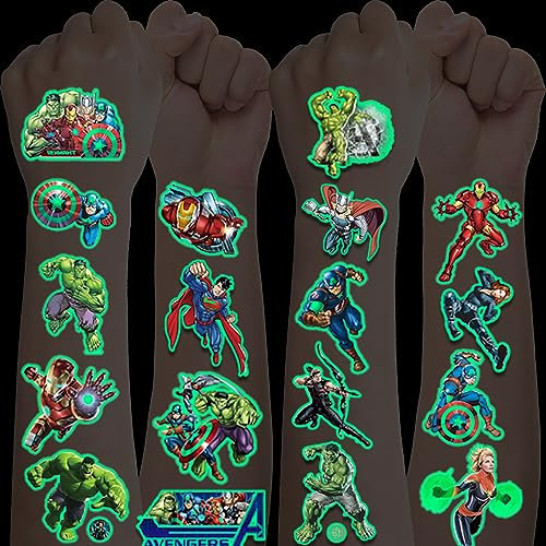 12 Blätter Superhelden Tattoo, Leuchttattoos, Wasserdichte Kindertattoos für Jungen Mädchen, Hautfreundliche Marvel Kinder Tattoo Aufkleber für Mitgebsel Geburtstagsgeschenke
