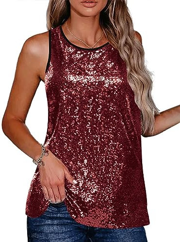 Zeagoo Damen Pailletten Tops Ärmelloses Rundhals Sparkle Trägershirt Club Tank-Tops Shirt Vest Shirt Für Frauen Weinrot S