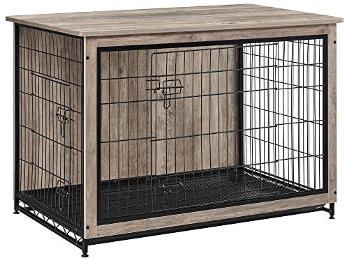 Feandrea Hundekäfig Möbel, Beistelltisch, Hundebox, Moderne Hundehütte Indoor für Hunde bis zu 36 kg, hochbelastbar, Hundehaus für Zuhause, herausnehmbares Tablett, 2 Türen, Greige PFC004G01