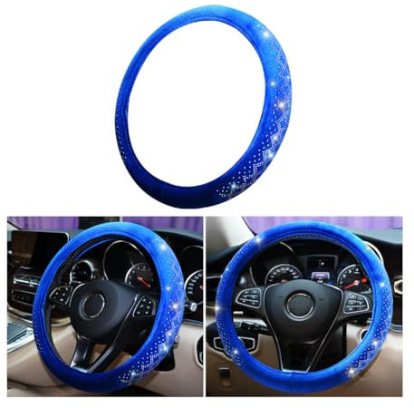 BELOMI Bling Auto Lenkradbezug, Weicher Samt Kristall Strass Lenkradschoner Universal 15 Zoll Flauschig für Winter Warm Niedlich Auto Innenraum Zubehör für Frauen Mädchen (Blau)