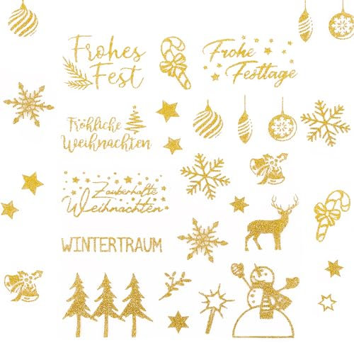 BHGT 5 Blätter 100+pcs Weihnachtssticker Selbstklebend Glitzer Gold Weihnachten Aufkleber Sticker Schriftzug Weihnachtsaufkleber Geschenkaufkleber für DIY Scrapbooking Frohe Weihnachten