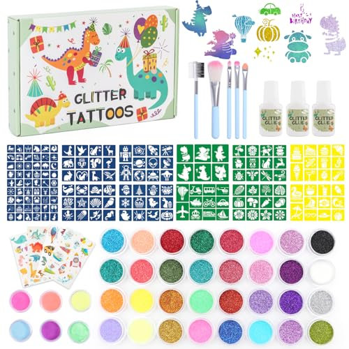 Highttoy Glitzer Tattoo Set Kinder, 38 Farben Dino Leuchtende Temporäre Glitzertattoos Jungen, 164 Schablonen, 5 Pinsel, 4 Kindertattoos, 3 Kleber Geschenk für Geburtstag Party Halloween Weihnachten