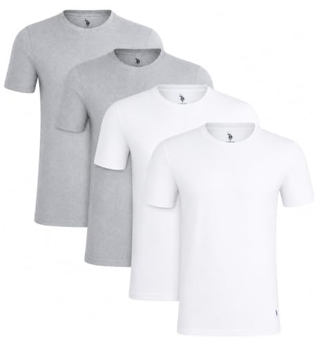 U.S. Polo Assn. Mens Crewneck Undershirts - 4 Pack Soft Cotton Crewneck Mens Undershirts Tag Free Ribbed Neck Tee Shirts Pack, Size Large, Grey Heather/White