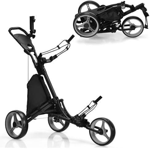 LIFEZEAL Faltbar Golftrolley, 3 Rad Golf Push Cart mit Fußbremse, Golfwagen mit 3 höhenverstellbare Positionen, Golfcaddy klappbar mit Schirmhalter, Flaschenhalter & Tasche (Grau)