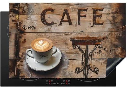 KitchenYeah© Herdabdeckplatte Einteilig Herdabdeckung Abdeckplatte für Ceranfeld Abdeckung Induktionskochfeld Aufrollbare Matte Cafe - Holz - Kaffee - Regale - 80.2x52.2 cm