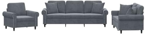 vidaXL Sofagarnitur 3-TLG., Sessel Couch mit Kissen, Sofa Wohnzimmersofa mit Armlehnen, Couchgarnitur Designsofa Sitzmöbel Polstermöbel, Dunkelgrau Samt