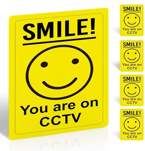 5 Pack Smile You are on CCTV Sign – 150x100mm Self-Adhesive Vinyl Stickers for Outdoor Use – Weatherproof Security Camera Warning Decals for Home, Shop, Office
