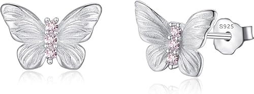 Ohrringe für Mädchen Kinder Ohrstecker Nickelfrei 925 Sterling Silber mit Schmetterling Anhänger Mädchenohrringe Hypoallergen Silberohrringe Stecker Rosa Zirkronia