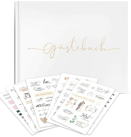 Gästebuch Hochzeit, Sticker Hochzeit Gästebuch, Weiß Blanko Gästebuch, 100 Seiten Hochzeitsgästebuch, Hochzeitsalbum für Erinnerungen, 155 Sticker Hochzeit in Deutsch und Englisch, 19 x 24 cm