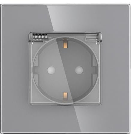 PULSAR Steckdose Unterputz Grau1-Fach Glas - mit Deckel und gehärtetem Glasrahmen - Wandsteckdose mit Klappdeckel 230V 16A für Feuchtraum