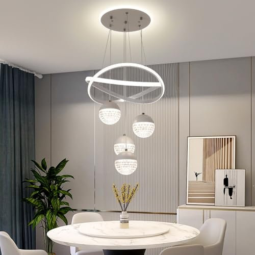LED Cristal Lámparas De Araña Mesa Comedor Iluminación Colgante Moderna Regulable En Altura Para Comedor Sala De Estar Regulable Con Mando Distancia Suspensión Aluminio Luz Techo Dormitorio(Blanco)