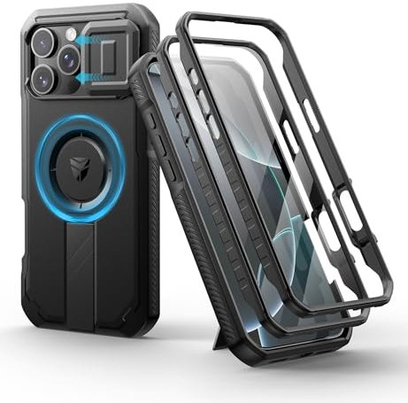 Dexnor for iPhone 16 Pro Magnetic Case With Slide Camera Cover & Adjustable Kickstand & Built-in Screen Protector, Rugged Shockproof Bumper Cases Heavy-duty Cover - Night Black