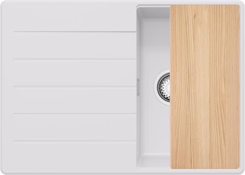 PRIMAGRAN Evier Cuisine en Granit Blanc 70x50cm, Lavabo 1 bac + Kit de Vidage + Planche à Découper, Évier à Encastrer au meuble 40cm - Copenhague