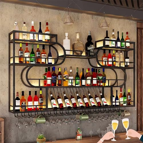 Botellero Vino Pared con Luz Vinoteca Mueble Bar Salon Garrafeira Mini Bar Wine Rack Mueble Comedor Muebles de Cocina con Soporte Copas Colgante para Barra para Bar Cocina Comedor(Nero,47.24X7.87x48