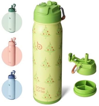 BOTTLE BOTTLE 24 oz sports water bottle stainless steel insulated water bottle with straw and pills holder (Tree)