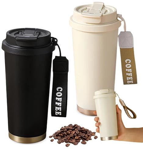 SPORWAY Lot de 2 tasses à café à emporter : 530 ml, en acier inoxydable isotherme, double paroi isolée, avec couvercle, anti-fuite, avec couvercle, anti-fuite, pour les vacances, voiture, uni